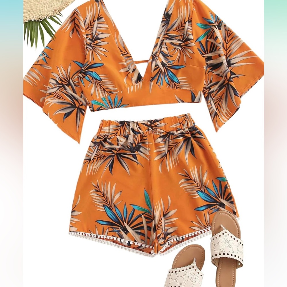 Orange - Multicolor vacation outfit two piece crop top with tie